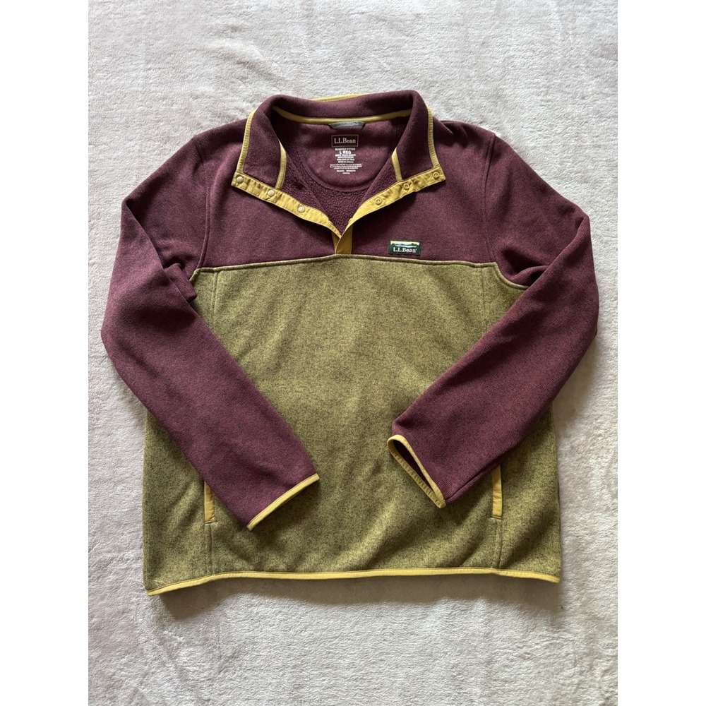 LL Bean Men Sweater Fleece Pullover Colorblock Burgundy Slightly Fitted Sz L